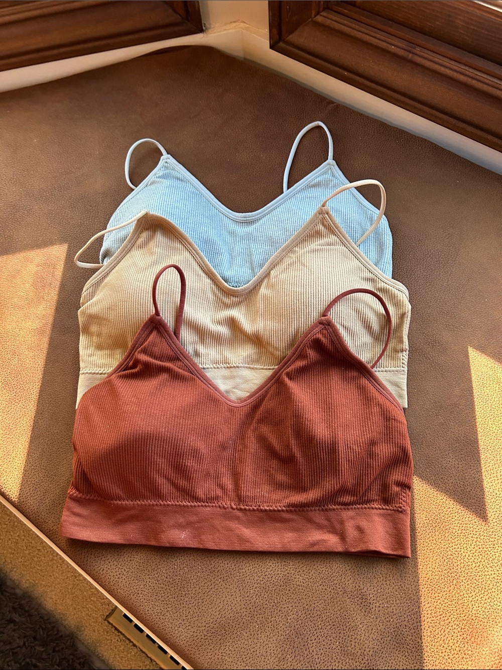 Women's Ribbed V-Neck Bralette - Rust, Cream & Grey